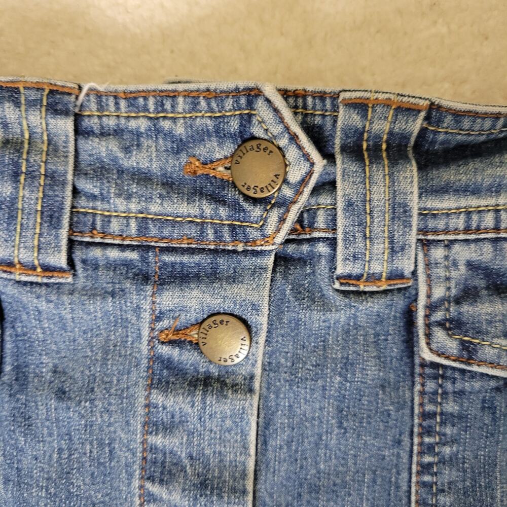 Villager 10 Blue Denim Jean Skirt Button Front Pockets Knee Length Stretch - Picture 2 of 9
